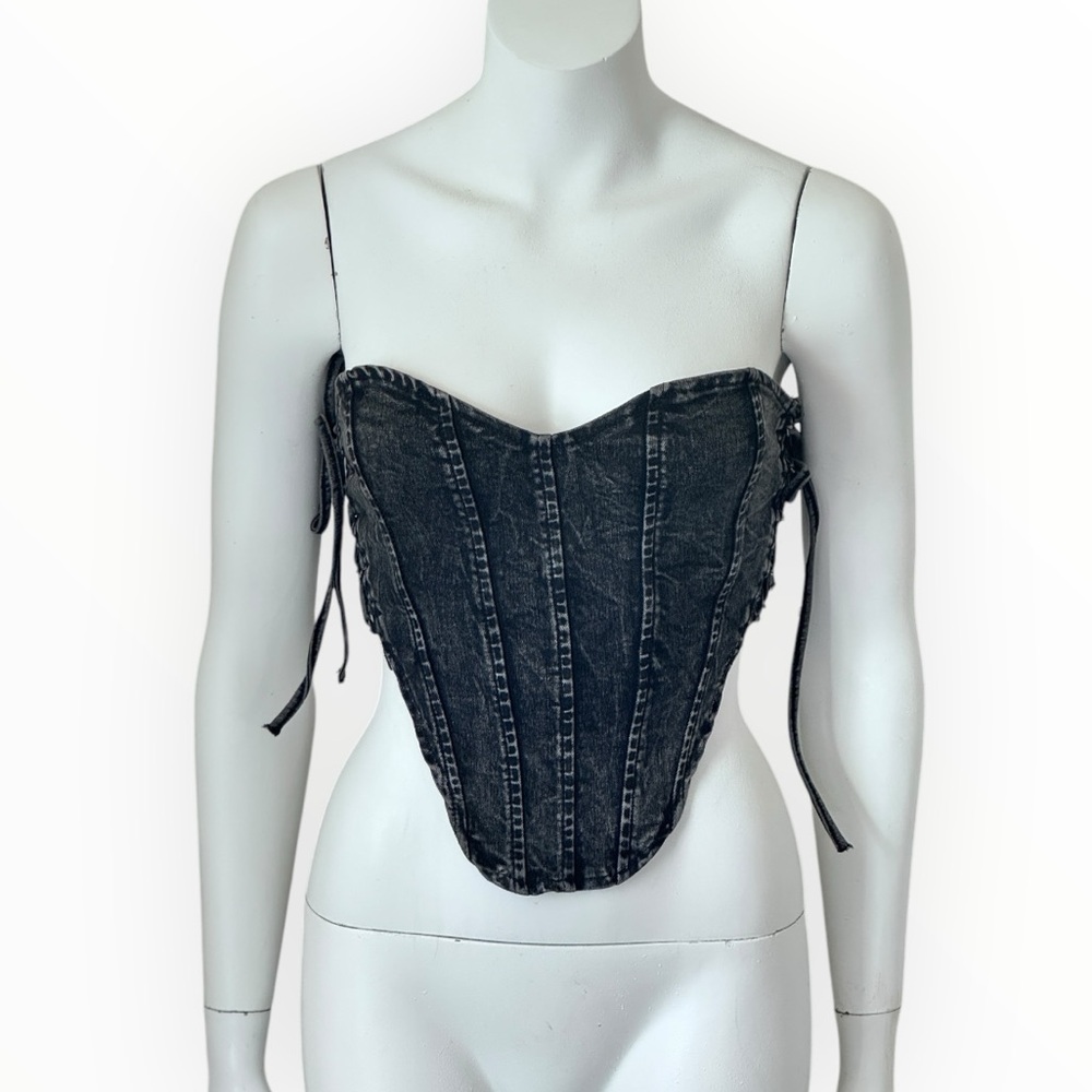 Black denim corset boned front top with lace up detailing